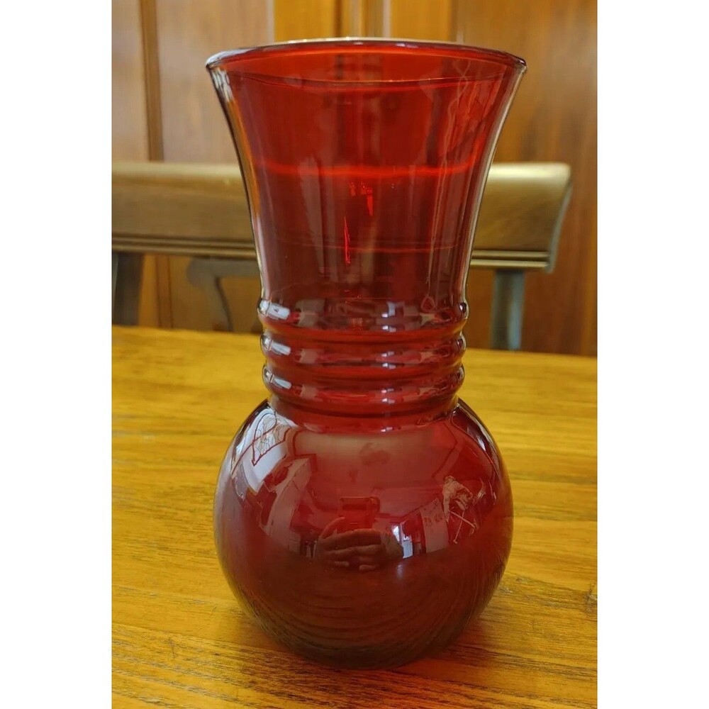 Valentine Gift Idea AnchorHocking "Royal Ruby Red" vase "HARDING" pattern 6.5" T